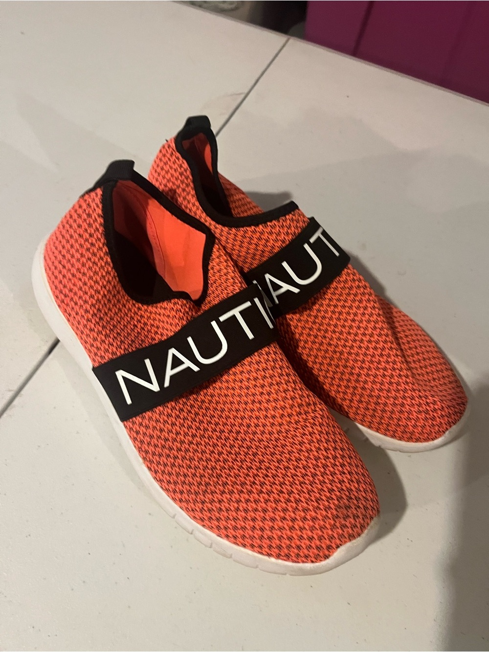 Nautica Orange and Black Knit Slip-On Sneakers